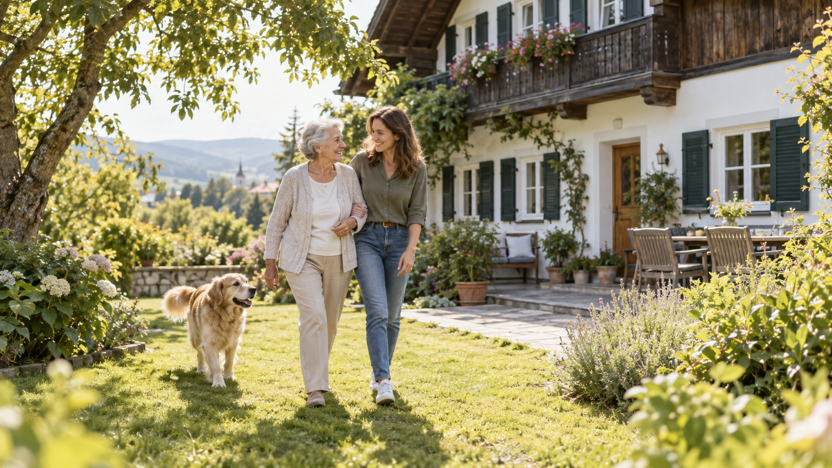 Mutter und erwachsene Tochter im Garten eines österreichischen Hauses