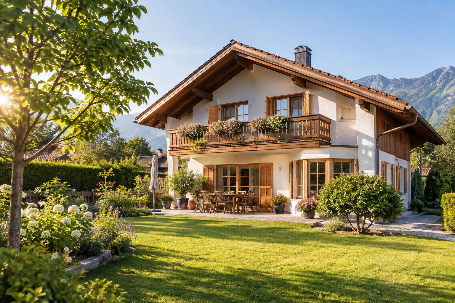 Österreichisches Familienhaus mit gepflegtem Garten und warmem Licht